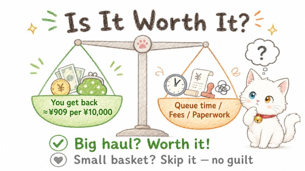 Balance scale comparing the tax refund amount with queue time, fees, and paperwork