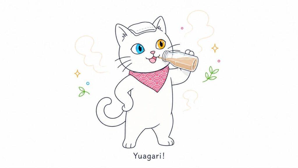 Cat character doing the classic hand-on-hip coffee milk pose after a bath
