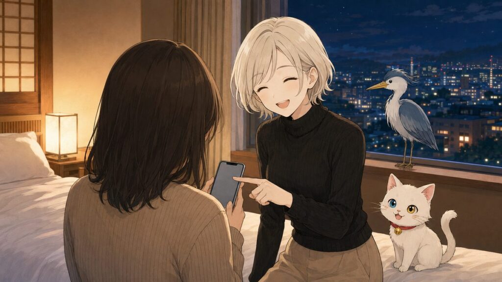 A traveler getting help with her phone in a Japanese hotel room at night