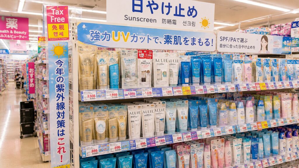 Seasonal sunscreen display at a Japanese drugstore