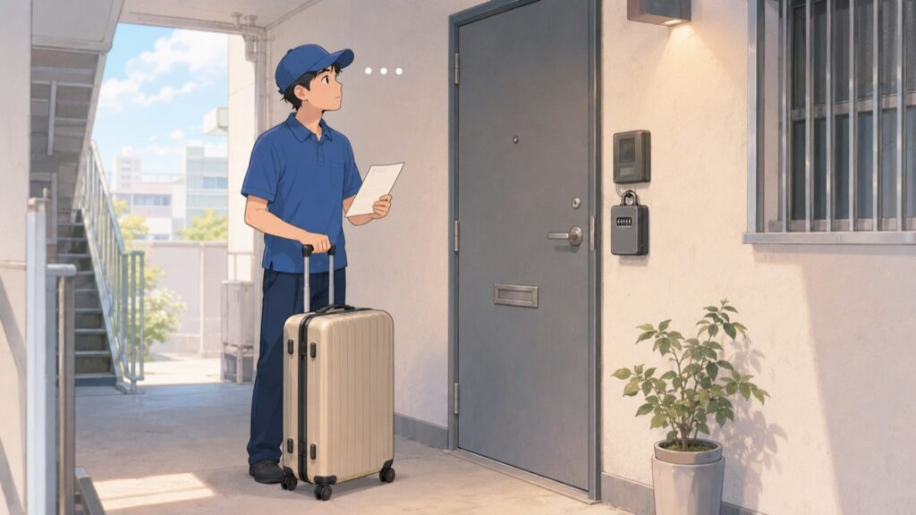 Delivery driver with a suitcase standing outside an unstaffed Airbnb entrance with a lockbox