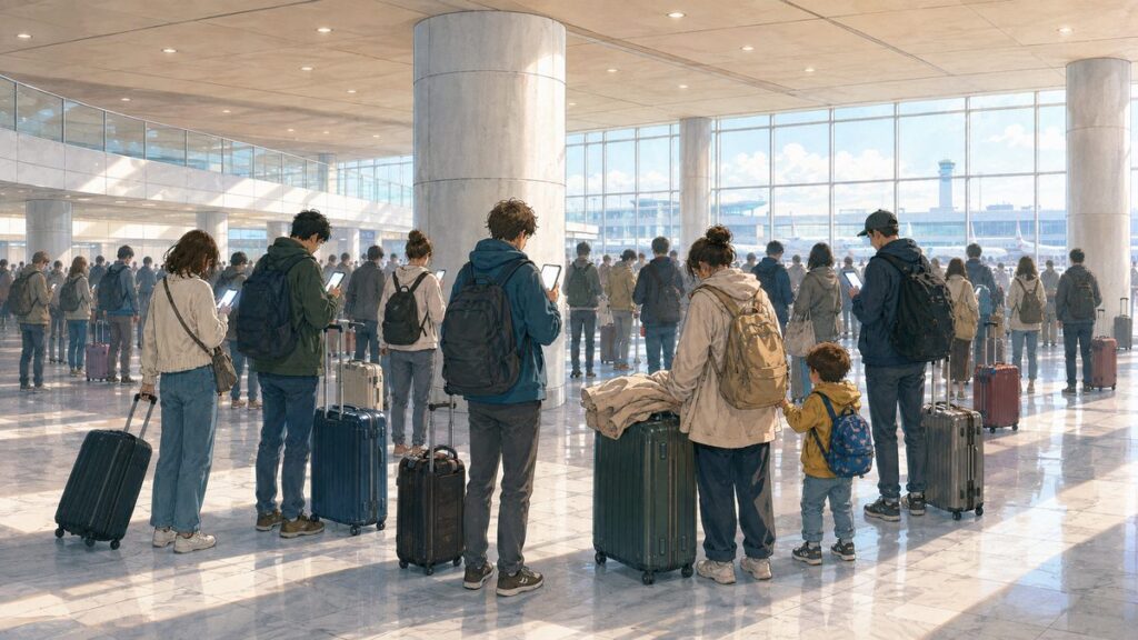 Travelers filling out arrival forms on their phones in a Japanese airport arrivals hall