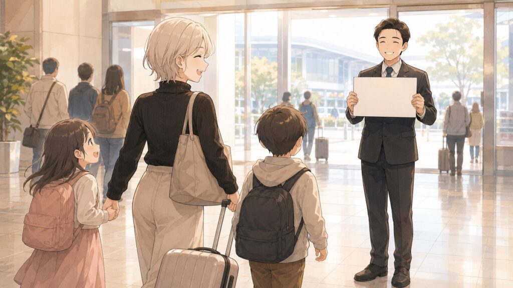Private transfer driver greeting a family with a name board at the airport arrivals lobby