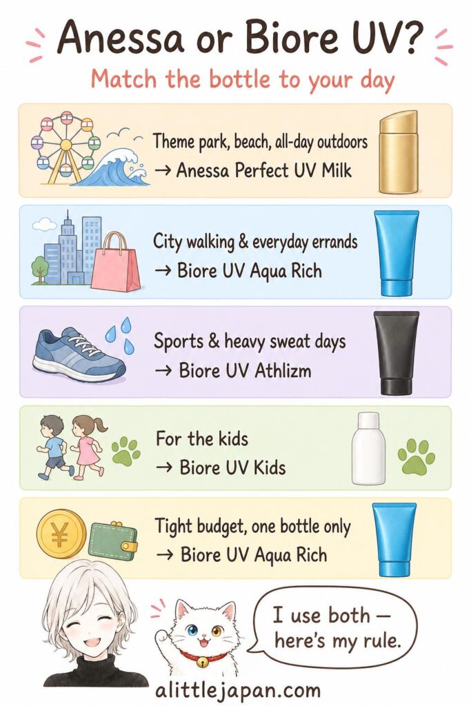 Chart matching Japanese sunscreens to your day: Anessa for theme parks and beaches, Biore UV Aqua Rich for city walking and budget, Biore UV Athlizm for sports, and Biore UV Kids for children