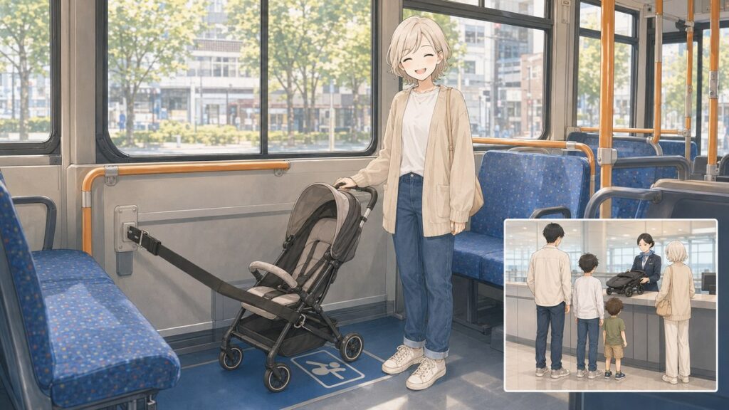 Stroller secured with a belt inside a Tokyo city bus, with an inset of an airport information counter lending strollers