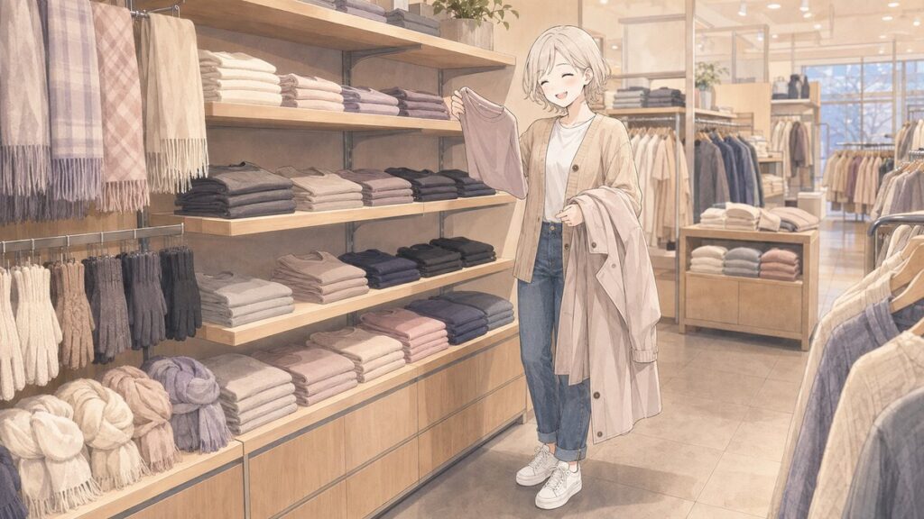 Traveler choosing a thermal top, gloves and a scarf in a Japanese clothing store