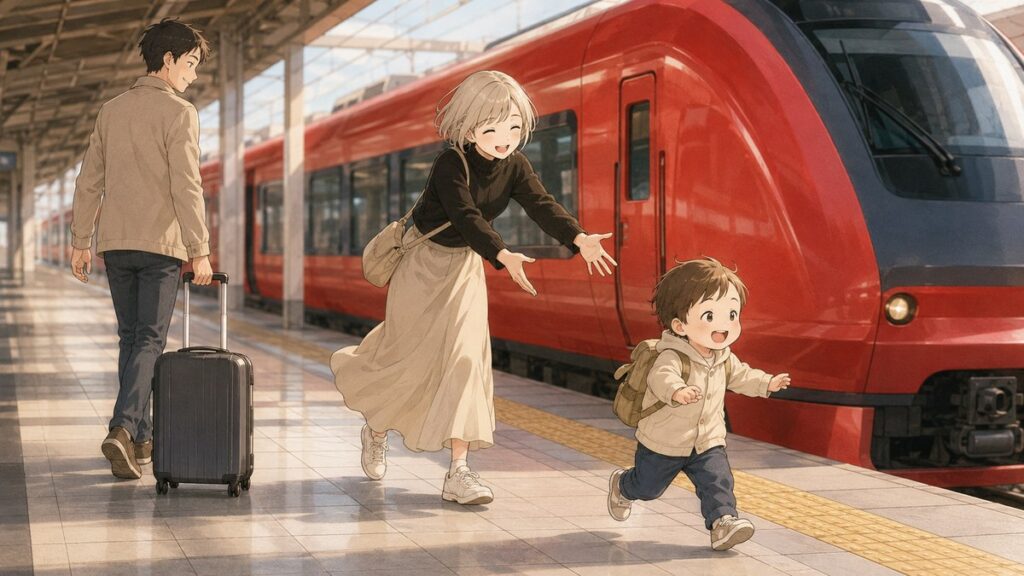 Mother chasing her running toddler on a train platform while father pulls the suitcase