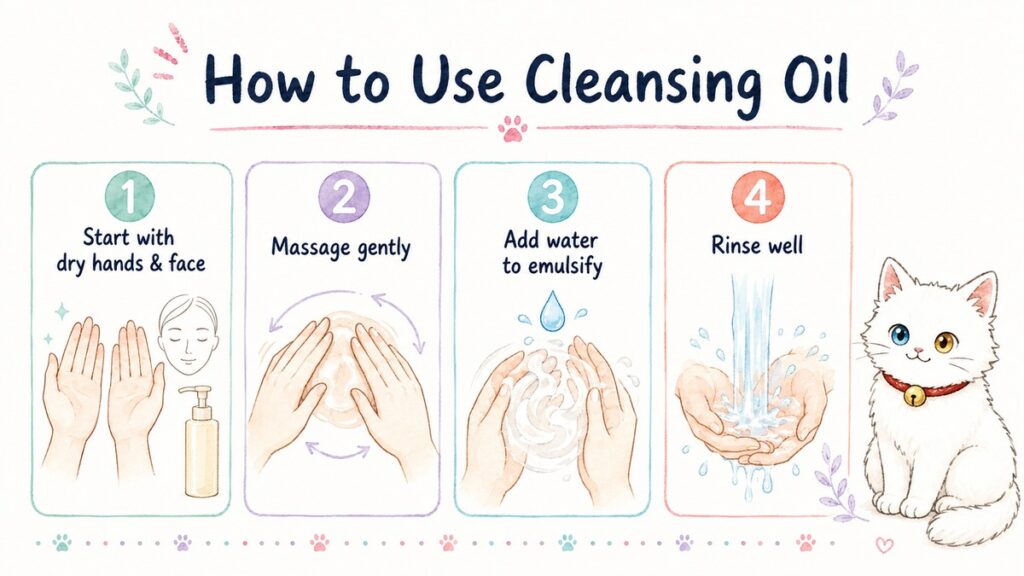 Four steps for using a Japanese cleansing oil: start with dry hands, massage gently, add water to emulsify, rinse well