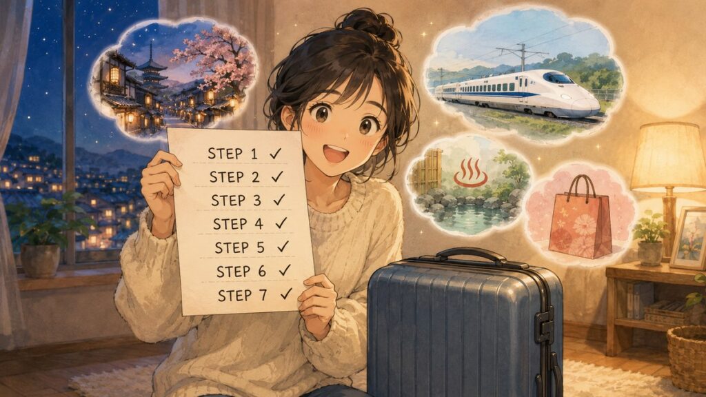 Traveler with a finished 7-step Japan trip plan and a packed suitcase, ready to go