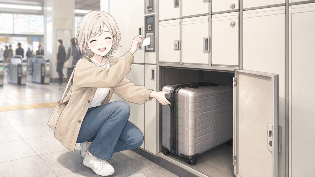 Traveler placing a suitcase into a large coin locker at a Japanese station