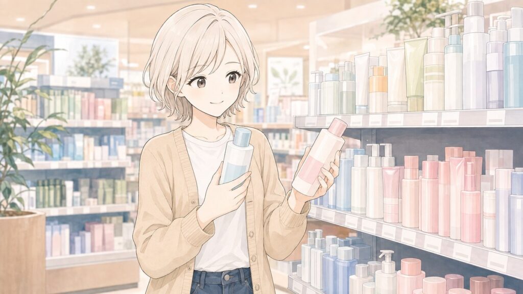 YUU comparing two Japanese lotions for sensitive skin on a drugstore shelf
