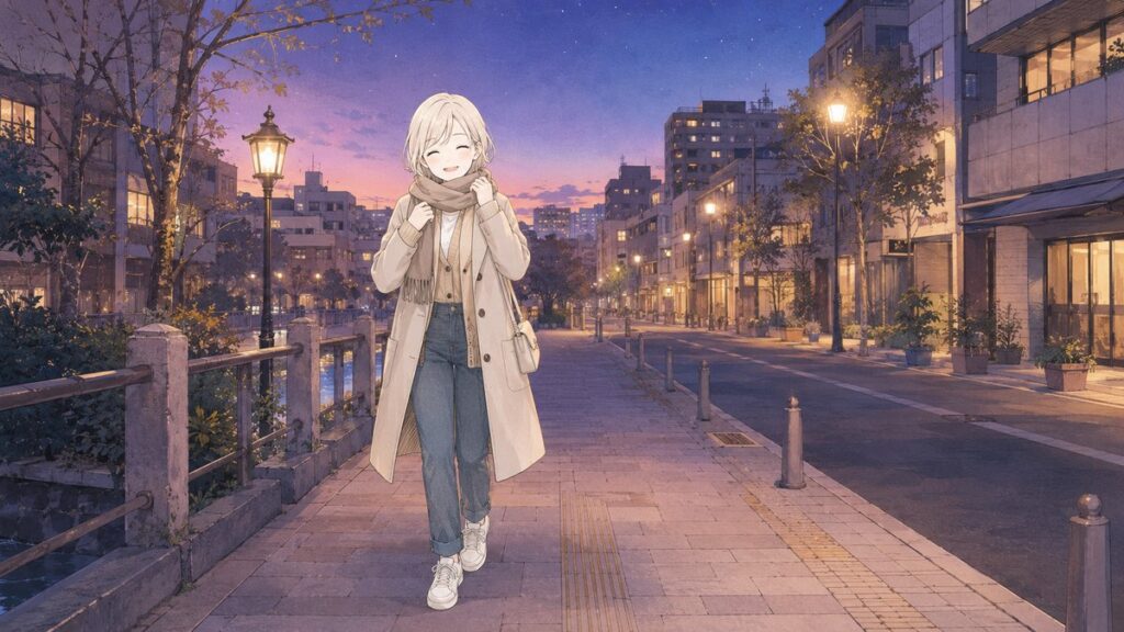 Traveler in a light coat wrapping a scarf on a December evening with winter illuminations behind