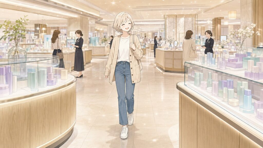 A Japanese department store cosmetics floor with elegant brand counters and beauty staff