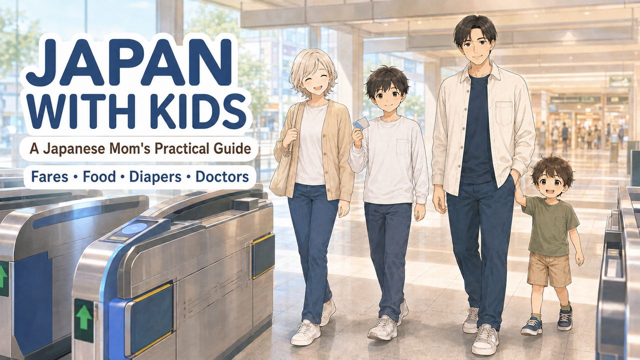 Japanese family of four walking through a station ticket gate, guide to visiting Japan with kids