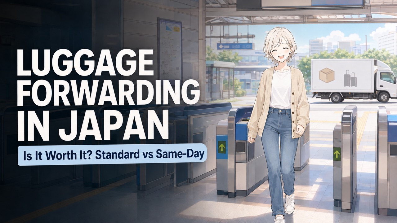 Traveler walking hands-free through a Japanese station with a luggage delivery truck behind