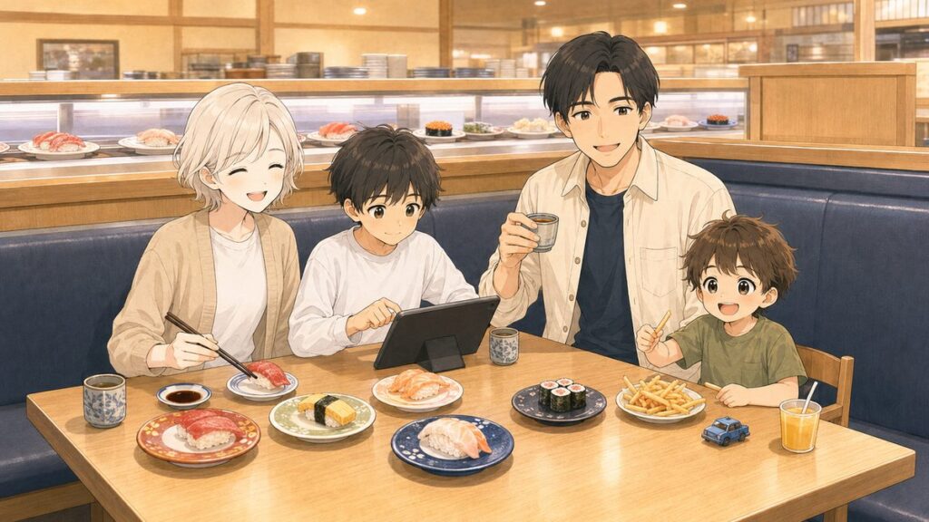 Japanese family of four enjoying a meal together at a conveyor belt sushi restaurant