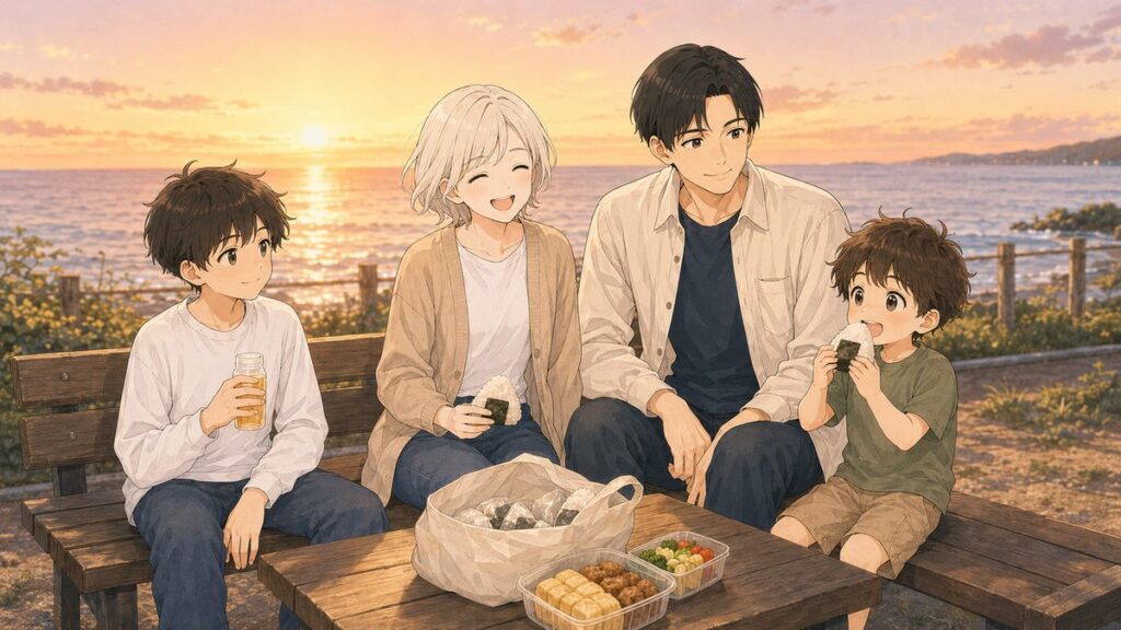 Family enjoying a relaxed convenience store picnic by the sea in Japan at sunset