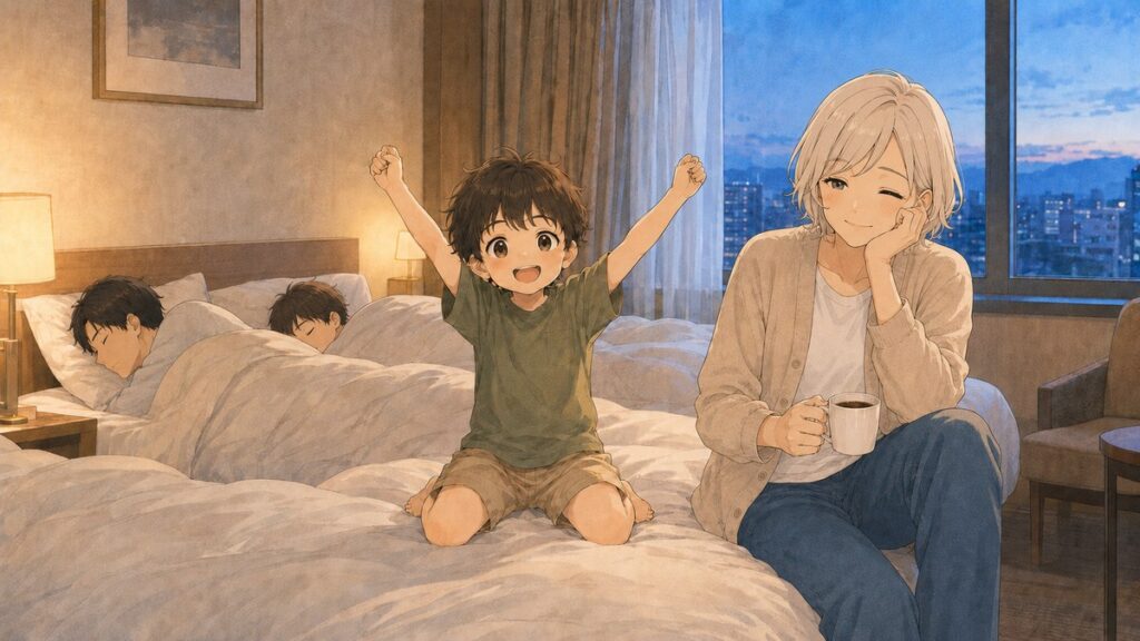 Family with a sleepy young child in a Japanese hotel room early in the morning