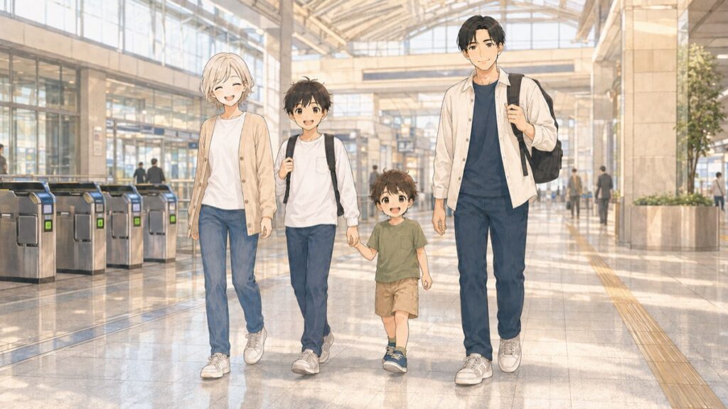 Family of four walking through a Japanese station concourse without suitcases