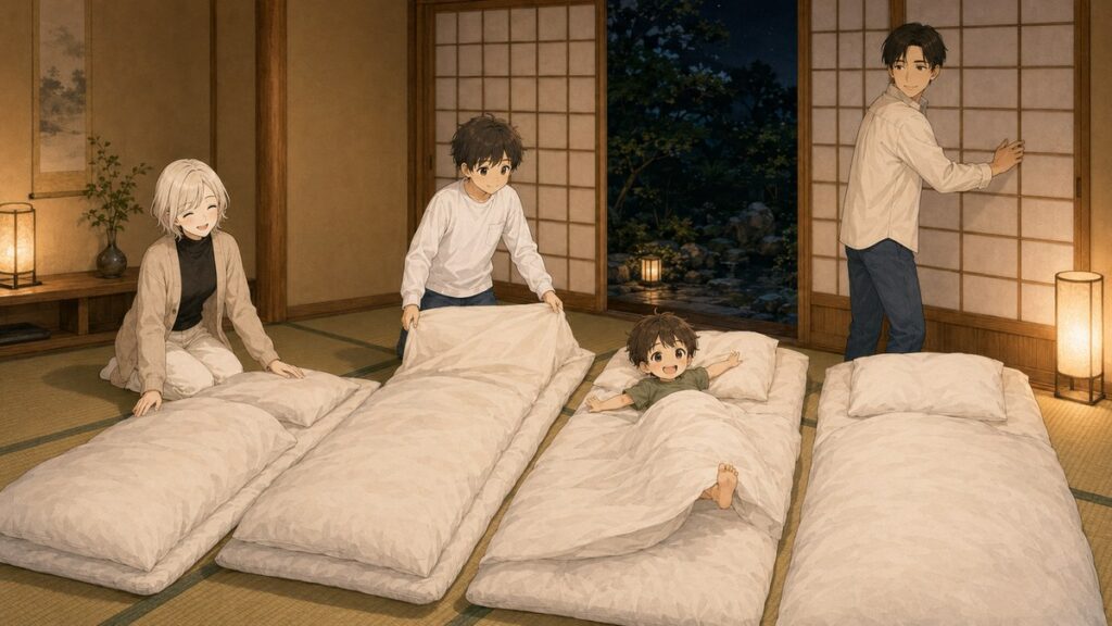Family of four settling into a Japanese-style room with four futons on tatami flooring