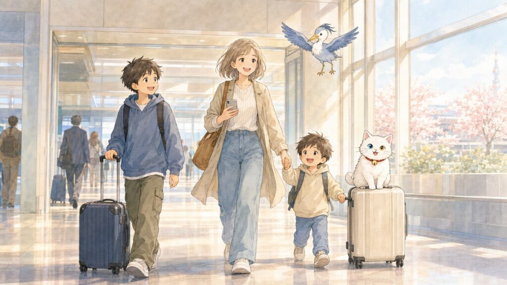 A family walking out of the arrival gate at a Japanese airport