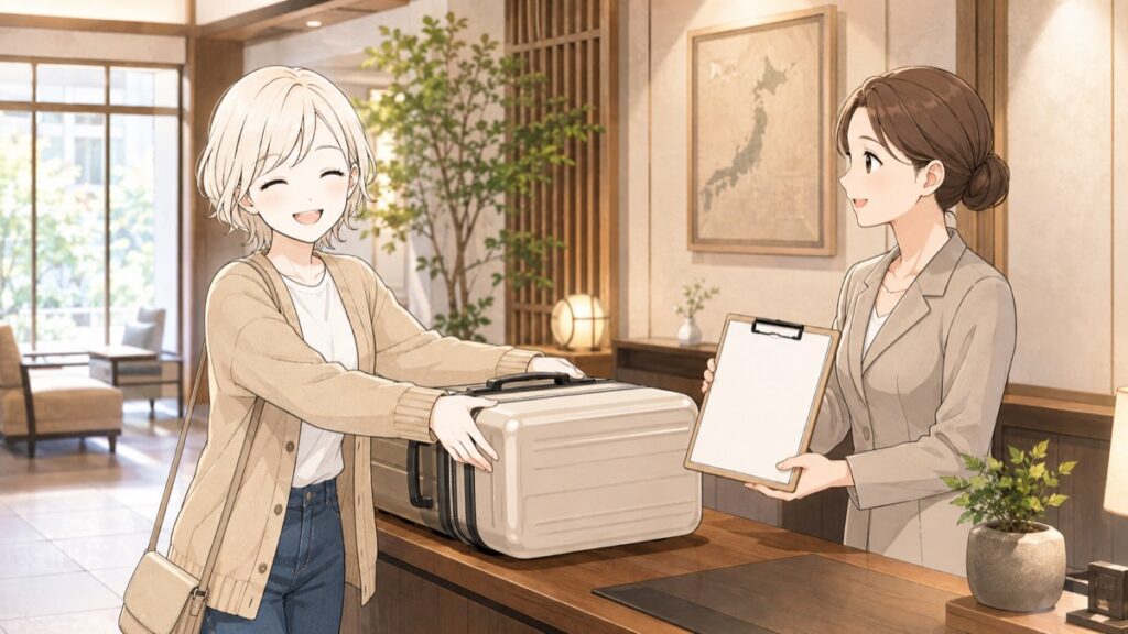 Guest handing a suitcase to a hotel front desk staff member in Japan