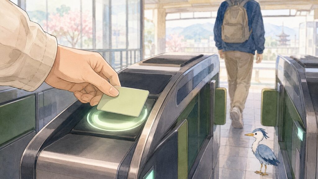 Tapping a transparent IC card on a Japanese train station ticket gate