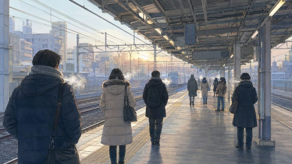Commuters in down jackets, knit layers, scarves and gloves on a Tokyo station platform on a January morning