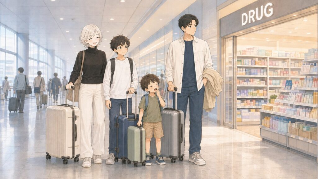 A family with suitcases stopping at a drugstore inside a Japanese airport terminal on their way to the trains