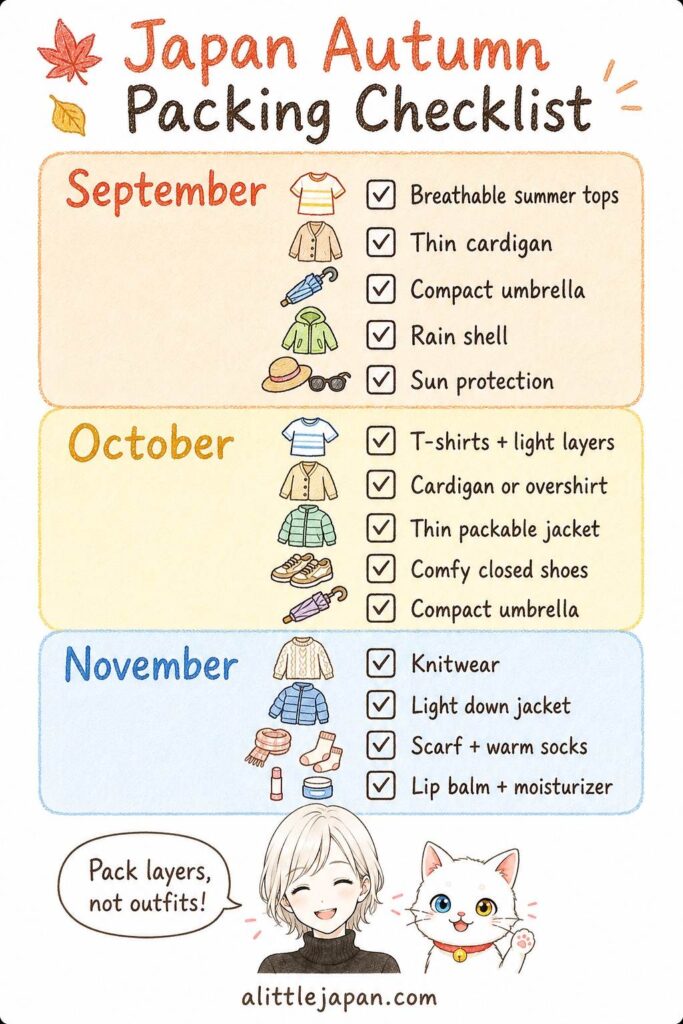 Japan autumn packing checklist with items for September, October and November