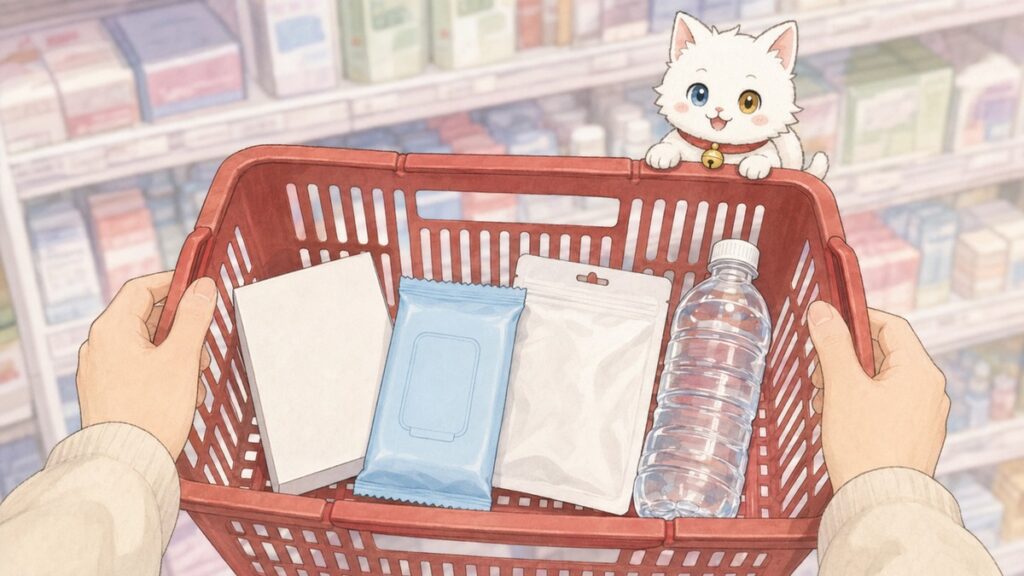 A shopping basket in a Japanese drugstore holding generic pain patches, cooling body wipes, a sheet pack and bottled water