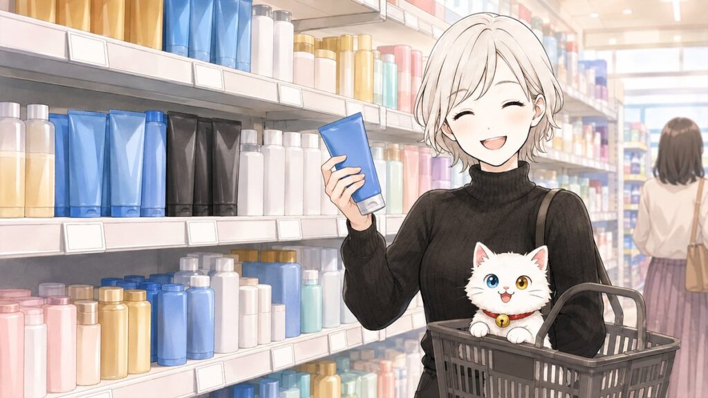 Sunscreen shelf in a Japanese drugstore with rows of bottles and tubes