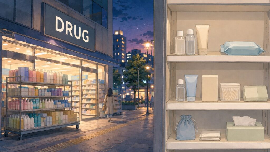 A brightly lit Japanese drugstore storefront at night next to a small convenience store toiletries shelf