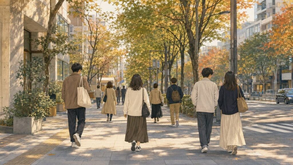People in neat layered autumn outfits and clean sneakers walking in a Japanese city