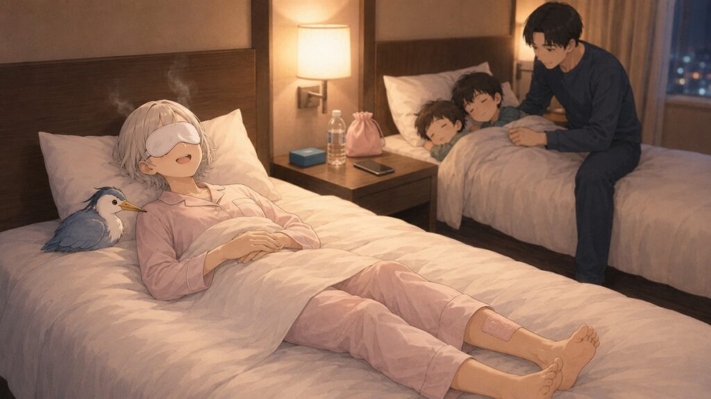 Resting on a hotel bed in Japan wearing a steam eye mask, with cooling sheets on the calves and children asleep in the next bed
