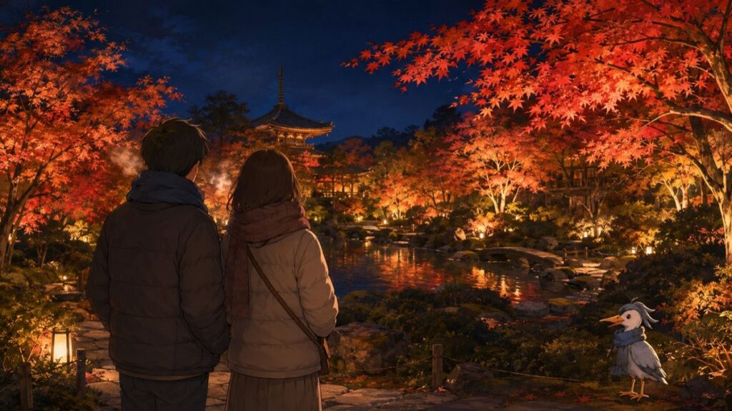 Two travelers in down jackets viewing an illuminated autumn garden at night in Kyoto