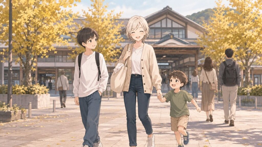 Mother and two sons in light layers walking near a station on an October morning in Japan