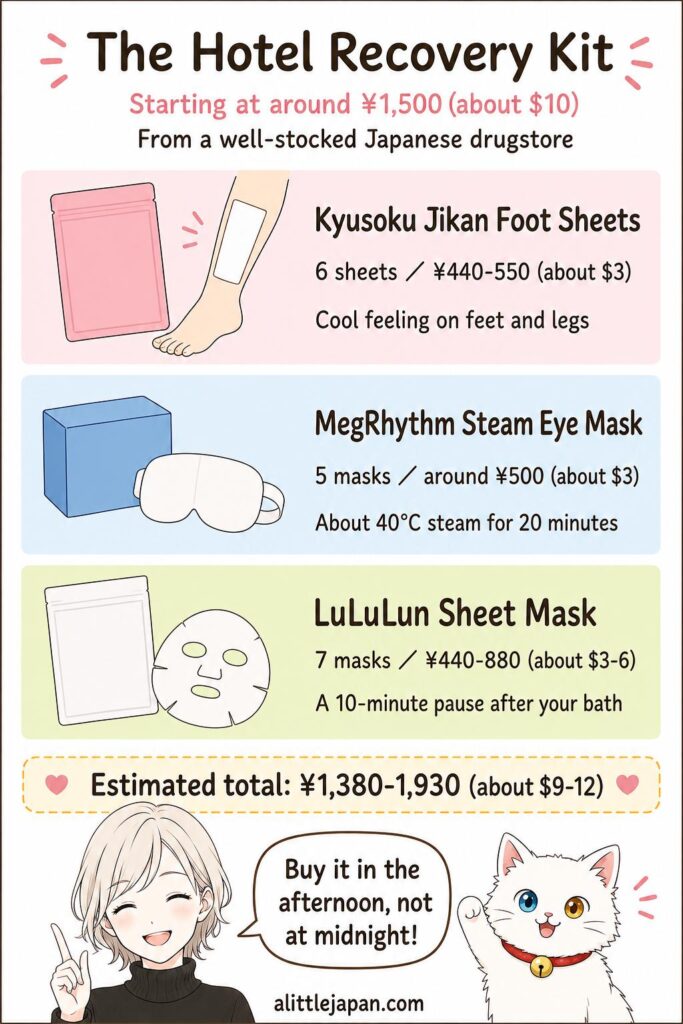 Chart of a three-item Japanese drugstore recovery kit for about 1,500 yen: Kyusoku Jikan foot sheets, a MegRhythm steam eye mask and a LuLuLun sheet mask