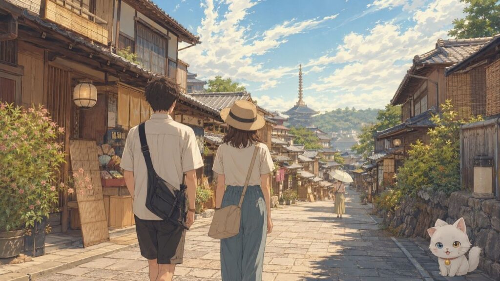 Travelers in summer clothes walking through a sunny Kyoto street in September