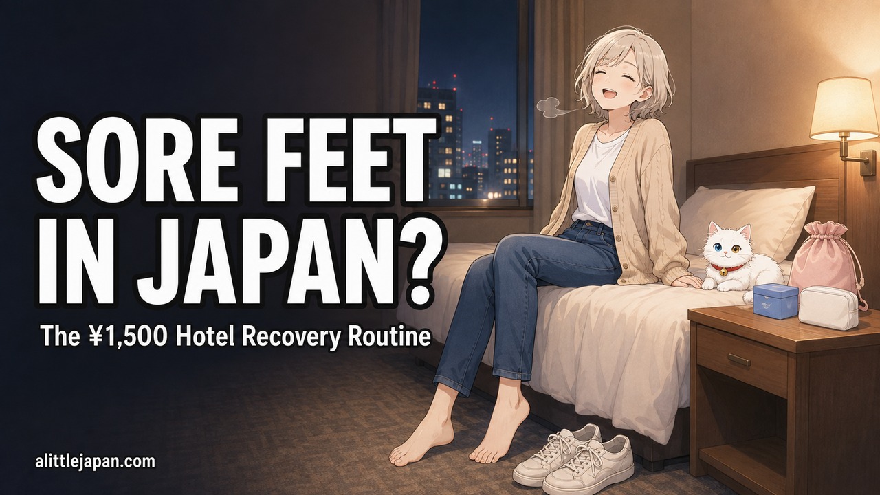 Sore feet in Japan: YUU resting barefoot on a hotel bed after a long day of walking, beside Mochi and a small recovery kit