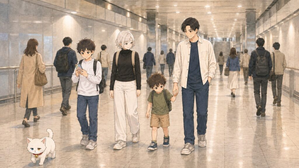 A family walking through a long transfer corridor in a large Japanese train station