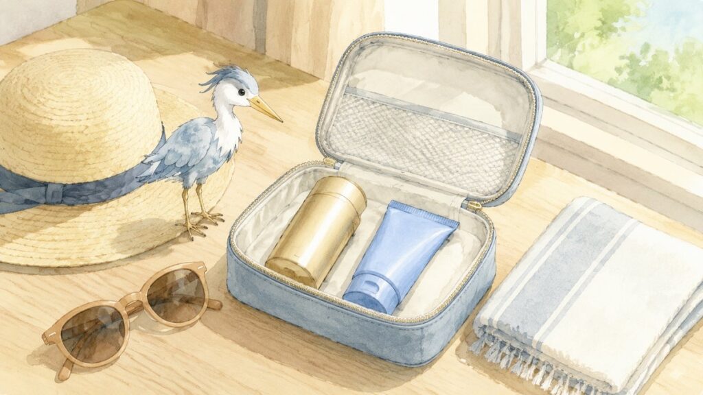 Travel pouch with Japanese sunscreen bottles, a straw hat, sunglasses and a towel by a sunny window