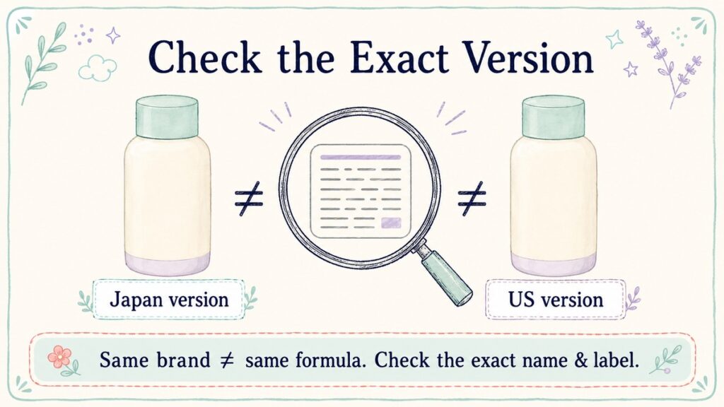 Two similar cosmetic bottles labeled Japan version and US version with a magnifying glass over the ingredient label