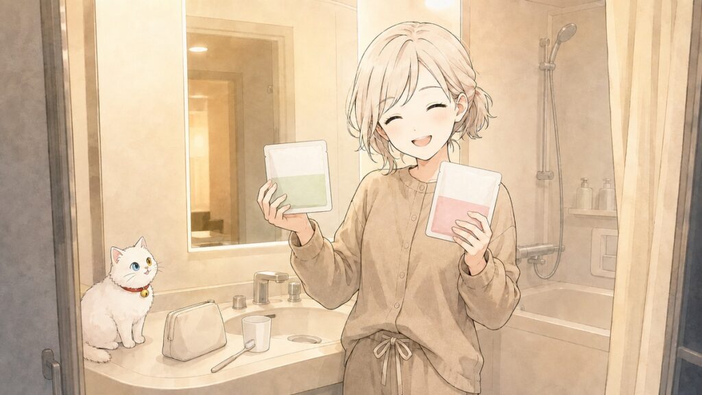 Choosing between two Japanese sheet mask packs in a hotel bathroom