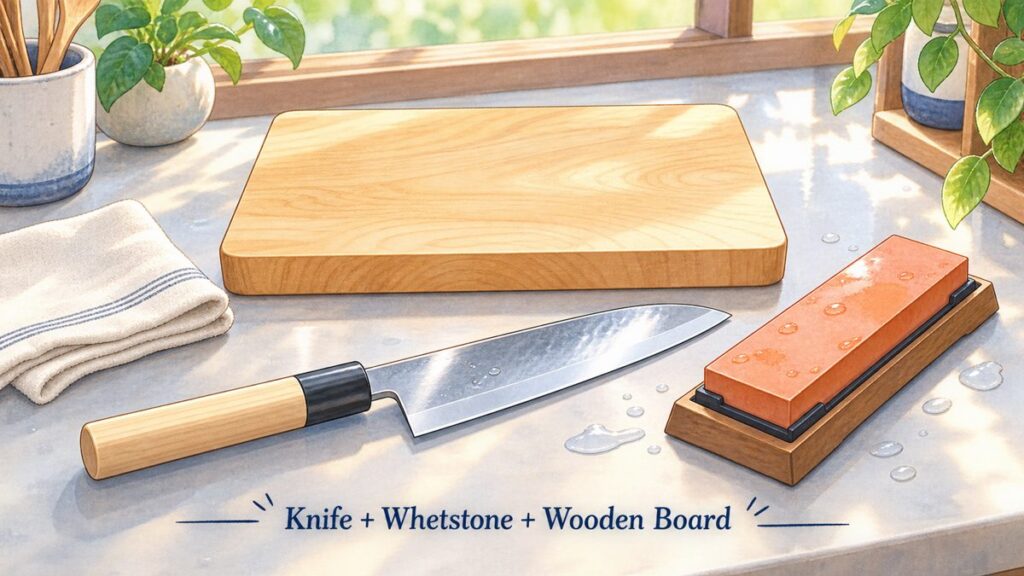 A Japanese knife with a whetstone and a hinoki wooden cutting board