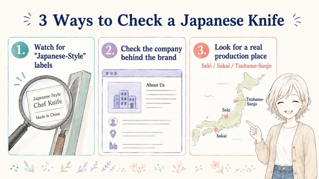Three ways to check whether a Japanese knife is really made in Japan: labels, company information and production place