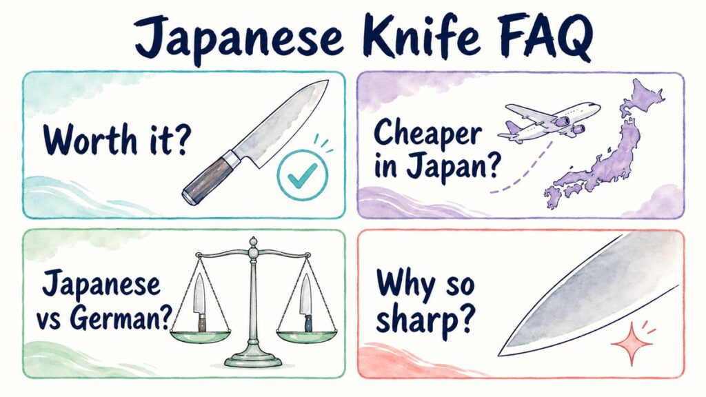 Four common questions about Japanese knives: worth it, cheaper in Japan, versus German knives, and why so sharp