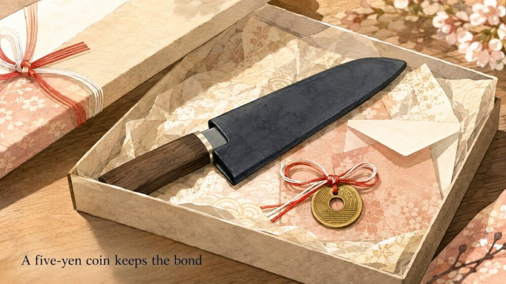 A Japanese knife in a gift box with a five-yen coin placed beside it