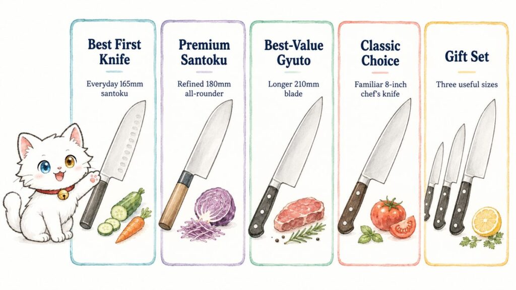 Five real Japanese knives compared by role: best first knife, premium santoku, best-value gyuto, classic choice and gift set
