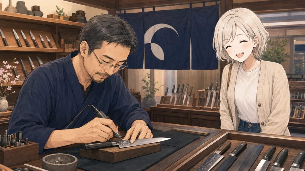 A craftsman engraving a name on a Japanese knife at a knife shop in Japan